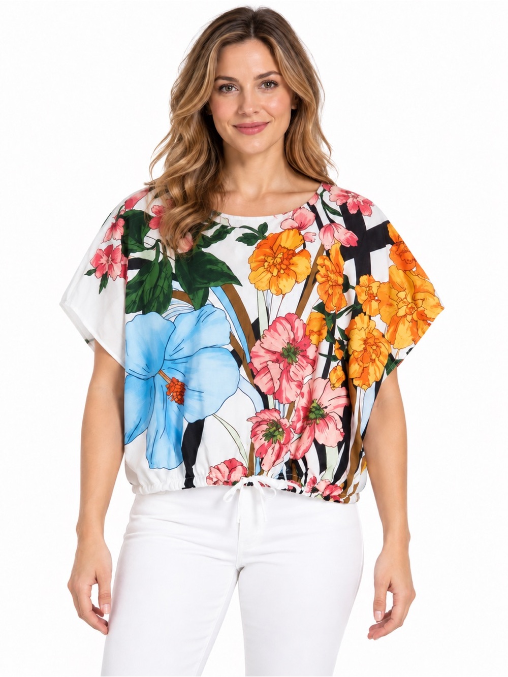 16. Tahari • NWT $68 US Floral Drawstring Hem Short Sleeve Top - White Multi